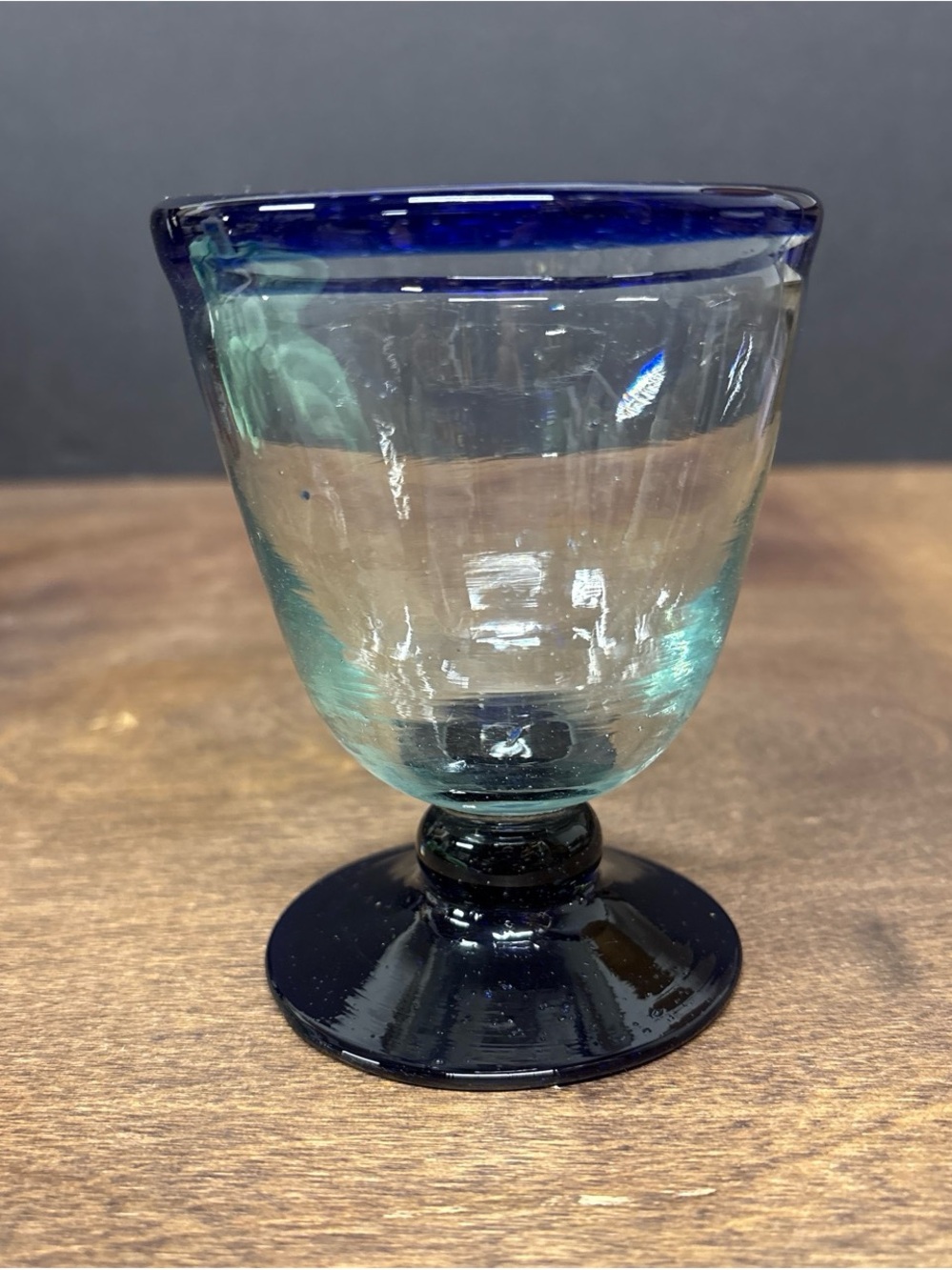 Hand blown Glass Goblet with Cobalt Rim